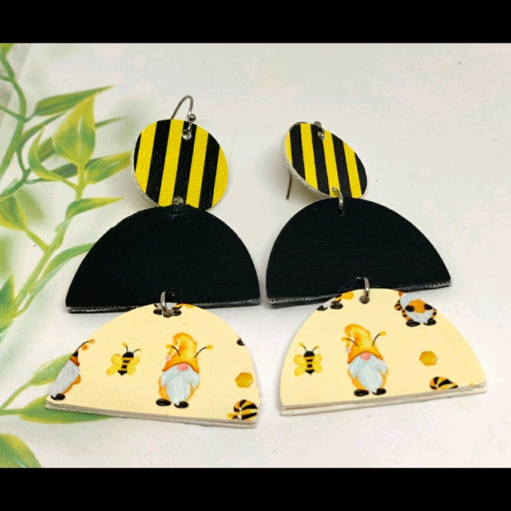 3/$20 Gnome honey bee leather dangle earrings
